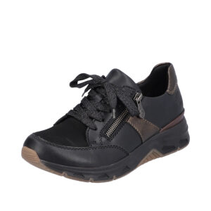 Rieker sneakers til dame i sort. Model: 48133-00. Dejlig blød og let kvalitet med flotte bronze detaljer.
