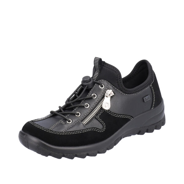 rieker sko i sort til dame. Model: L7157-00. God stødabsorberende sål og en dejligt blød kvalitet, samt elastik snørebånd.