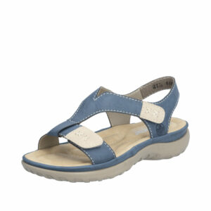 Rieker sandal til dame i blå med stødabsorberende såler og velcroremme. Model: 64873-14.