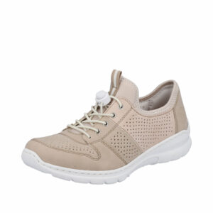 Rieker sneakers til dame i beige med elastik snøre og Memosoft sål. Model: L3254-62.