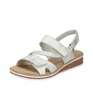 Rieker sandaler til dame i beige med glimmer og velcroremme. Model: V3666-60.