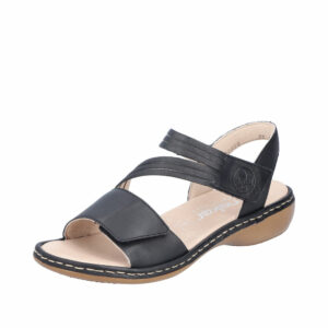 Rieker sandaler til dame i sort med lædersåler og velcrolukninger. Model: 65964-00.