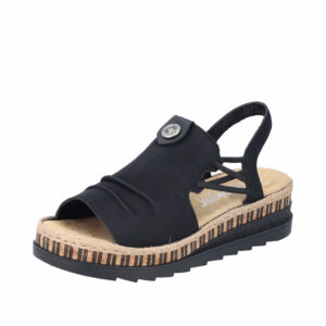 Rieker sandaler til dame i sort med elastik i siden og kilehæl. Model: V2366-60