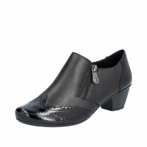 Rieker sko til dame i sort med lak detaljer og funktionel lynlås