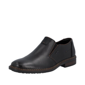 Rieker hyttesko til herre i sort med skindoverdel og skindsål samt ekstra bredde H og elastik