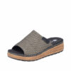 Rieker sandal til dame i sort med beige og glitrende mønster foran samt ekstra bredde H og plateausål på 4,5 cm