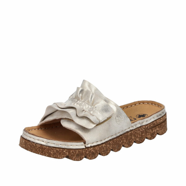 Rieker sandal til dame i beige med gyldent skære samt velcrorem og stødabsorberende plateausål