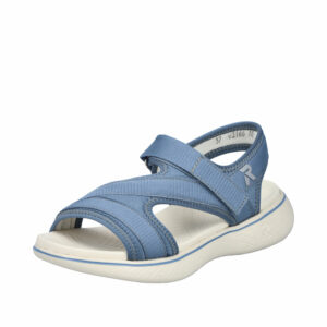 Rieker sandal til dame i blå med velcrorem og let samt fleksibel Rieker Light sål med stødabsorbering