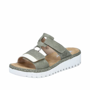 Rieker sandal til dame i grøn med velcroremme og kilehæl