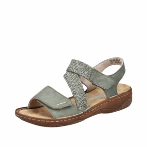 Rieker sandal til dame i grøn med velcro og flettede remme samt stødabsorberende sål