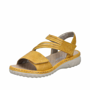 Rieker sandal til dame i gul med velcrorem samt noprede sål