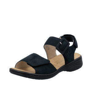 Rieker sandal til dame i mørkeblå ruskind med tre velcroremme og udtagelig sål