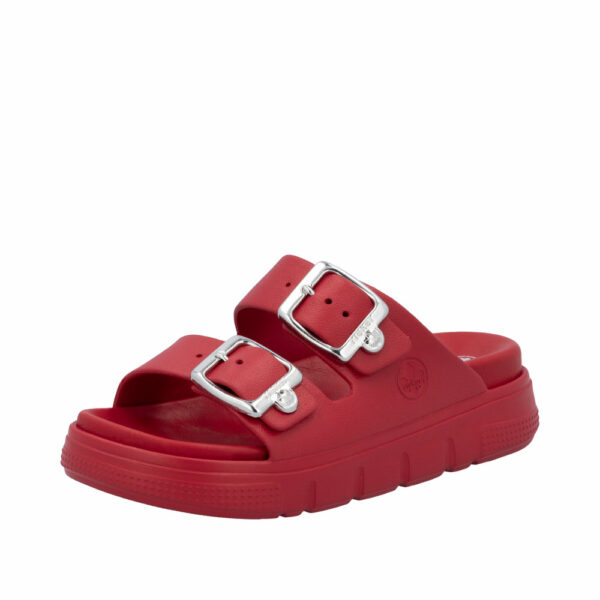 Rieker sandal til dame i rød med justerbare spænder og plateausål på 4,5 cm der giver et elegant løft