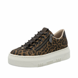 Rieker sneakers til dame i leopard med elastik og lynlås samt stødabsorberende plateausål på 4,5 cm