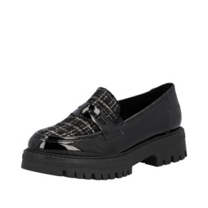 Rieker loafers til dame i sort med lakoverdel og indersål af læder samt chunky ydersål på 4 cm.