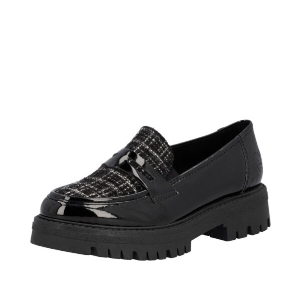 Rieker loafers til dame i sort med lakoverdel og indersål af læder samt chunky ydersål på 4 cm.