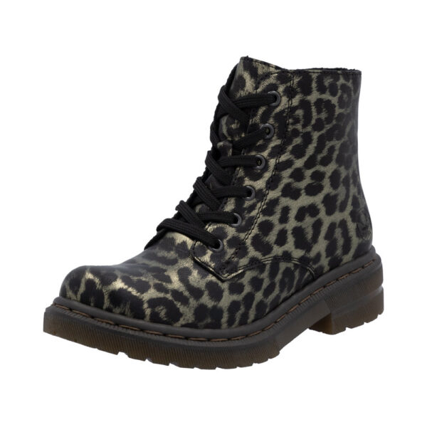 Rieker støvle til dame i leopard med snørebånd og lynlås samt let foring