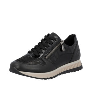Rieker sneakers til dame i sort med snørebånd og funktionel lynlås samt ekstra bredde (H) og skindsål