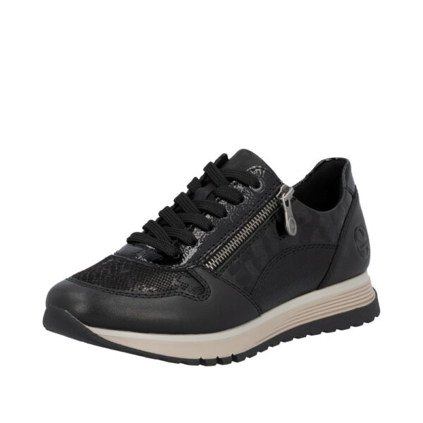 Rieker sneakers til dame i sort med snørebånd og funktionel lynlås samt ekstra bredde (H) og skindsål