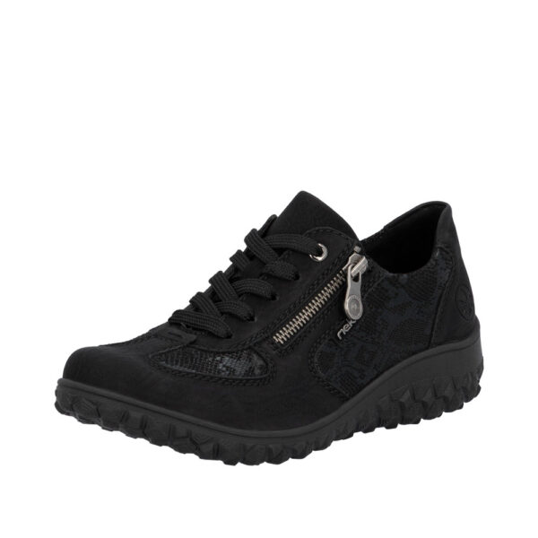Rieker sneakers til dame i sort med funktionel lynlås og snøre samt udtagelig indersål med ekstra bredde H