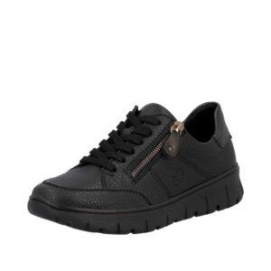 Rieker sneakers til dame i sort skind med snørebånd og funktionel lynlås samt udtagelig sål med ekstra bredde H