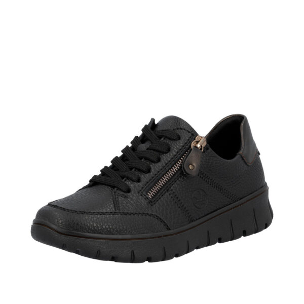 Rieker sneakers til dame i sort skind med snørebånd og funktionel lynlås samt udtagelig sål med ekstra bredde H