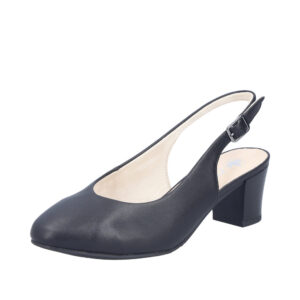 Rieker pumps til dame i sort skind med justerbar sling back hælrem med spænde og blokhæl på 6 cm.