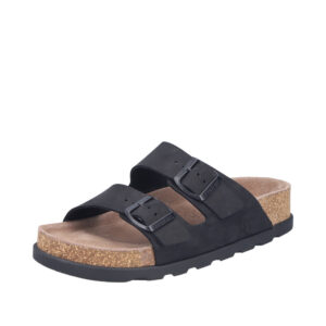Rieker sandal til dame i sort skind med to justerbare spænder og blød sål