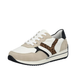 Rieker sneakers til dame i hvid med udtagelig sål og ekstra bredde H samt leopard detaljer