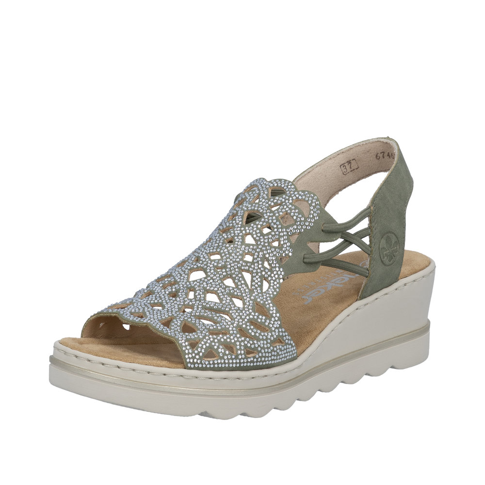 Rieker sandal i grøn til dame med 5 cm. kilehæl og elastikker i siderne
