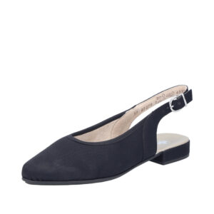 Rieker ballerinasko til dame i sort med åbne hæl og justerbar spænde