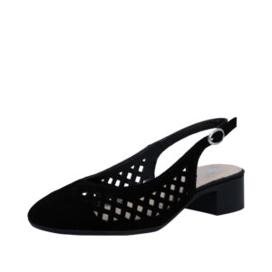 Rieker ballerinasko til dame i sort med åbne hæl og justerbar spænde, samt huller i overdel