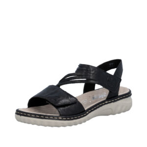 Rieker sandal til dame i sort med velcrorem samt noprede sål