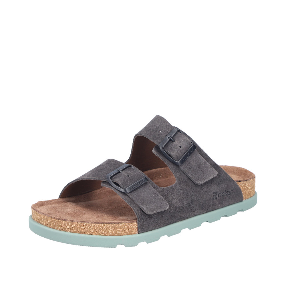 Rieker sandal til herre i grå nubuck skind med unik grøn ydersål og ekstra bredde H