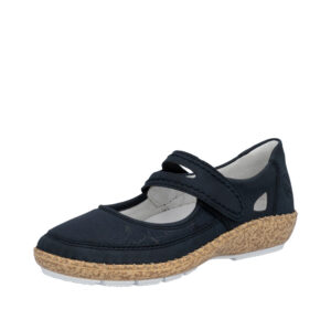 Rieker sko til dame i mørkeblå skind med velcrorem og skindsål