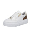 Rieker sneakers til dame i hvid med snørebånd og guld lynlås samt plateausål på 4 cm. og leopard design bag på