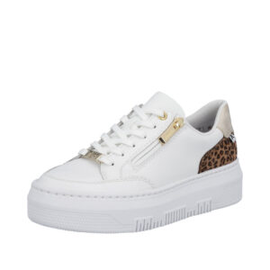 Rieker sneakers til dame i hvid med snørebånd og guld lynlås samt plateausål på 4 cm. og leopard design bag på