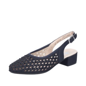 Rieker pumps til dame i mørkeblå med blokhæl på 3,5 cm samt nitter og justerbar spænde