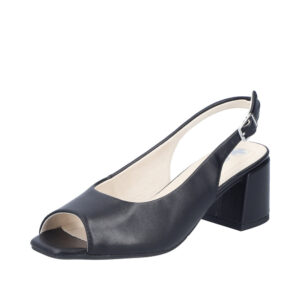 Rieker pumps til dame i sort med justerbar sling back hælrem med spænde og blokhæl på 6 cm.