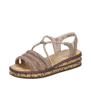 Rieker sandal til dame i beige med flotte glimmer detaljer og stødabsorberende sål med kort kilehæl på 4 cm.