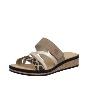 Rieker slipper sandaler til dame i beige, brun, leopard og sølv nuancer med blød sål