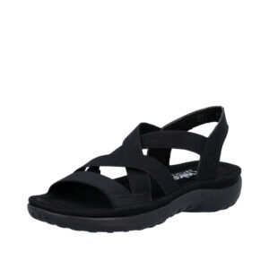 Rieker sandal til dame i sort med elastik og stødabsorberende sål samt elegant detalje