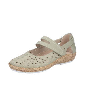 Rieker sko til dame i grøn med flotte detaljer samt velcro og skindsål