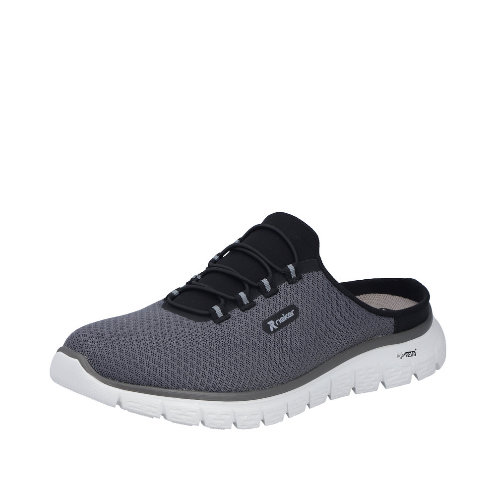 Rieker slippers til herre i grå med åben hælkappe samt elastik foran og mesh-overdel