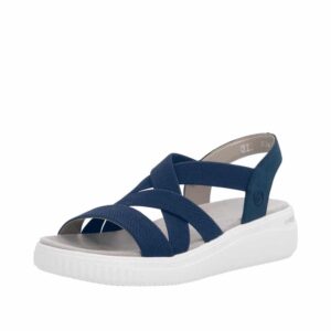 Remonte sandal til dame i blå med elastiske remme og elegant kilehæl.