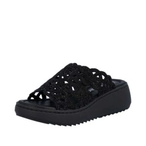 Rieker sandal til dame i sort med glimmeroverdel og kilehæl på 6 cm samt stødabsorberende sål