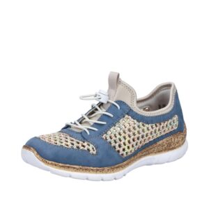 Rieker sneakers til dame i blå med justerbar elastik og Memosoft sål.