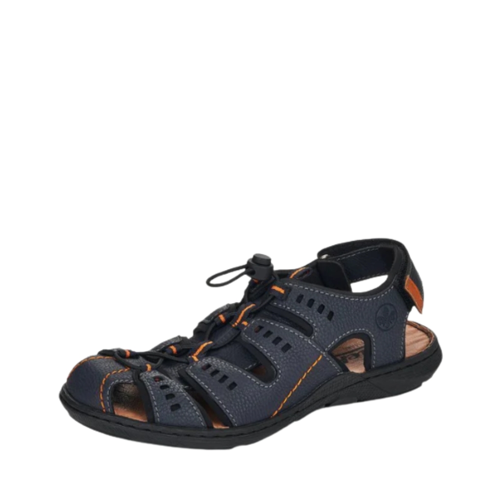 Rieker sandal til herre i blå med elastisk snøre og stødabsorbering.