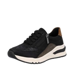 Rieker sneakers til dame i sort med udtagelig sål og ekstra bredde H samt funktionel lynlås