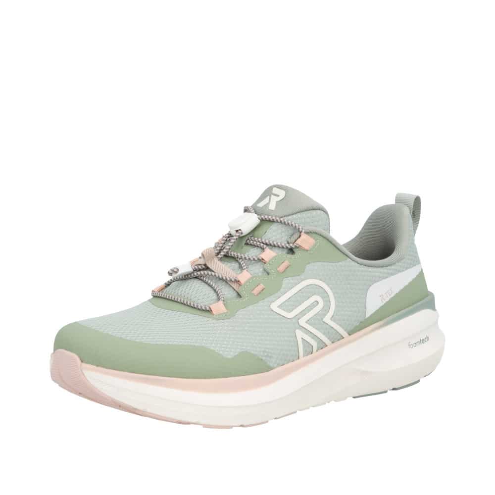 Rieker sneakers til dame i grøn med elastiske snøre og Rieker Tex.